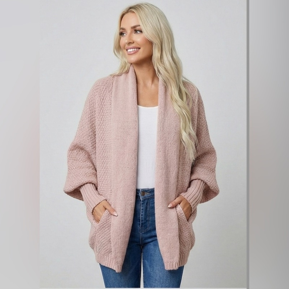 Lantern Sleeve Shawl Collar Cardigan Pink